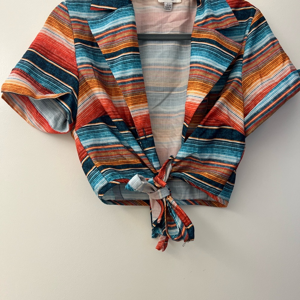 Unique Vintage Multicolor Striped Tie-Front Blouse